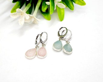 Rose Quartz Earrings, Blue Amazonite, Teardrop Gemstone Earrings