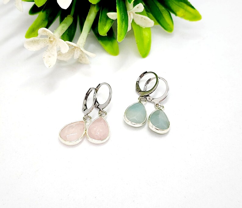 Rose Quartz Earrings, Blue Amazonite, Teardrop Gemstone Earrings image 4