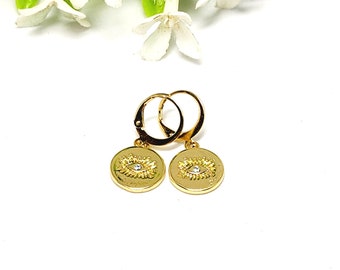 Gold Evil Eye Sleeper Hoop Earrings