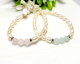 Freshwater Pearl & Quartz Beaded Bracelet, Rose Quartz, Blue Quartz