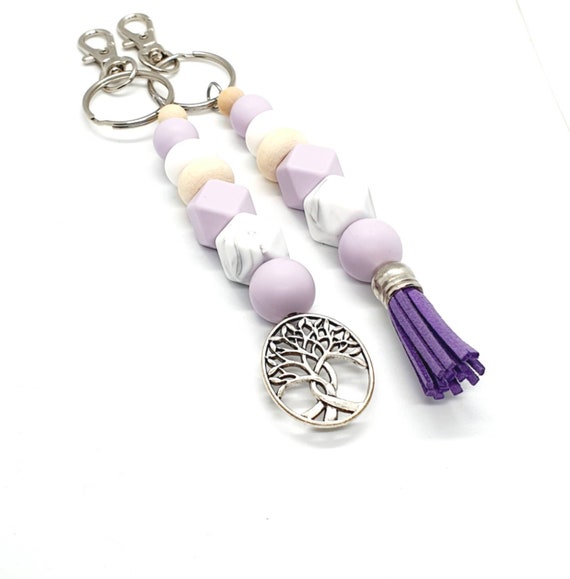 Purple Keychain / Silicone Key Ring / Beaded Keychain / Tree of Life / Tassel Keychain