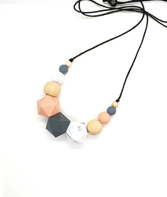 Silicone Bead Necklace / Mix Media Necklace / Peach Grey Marble Necklace
