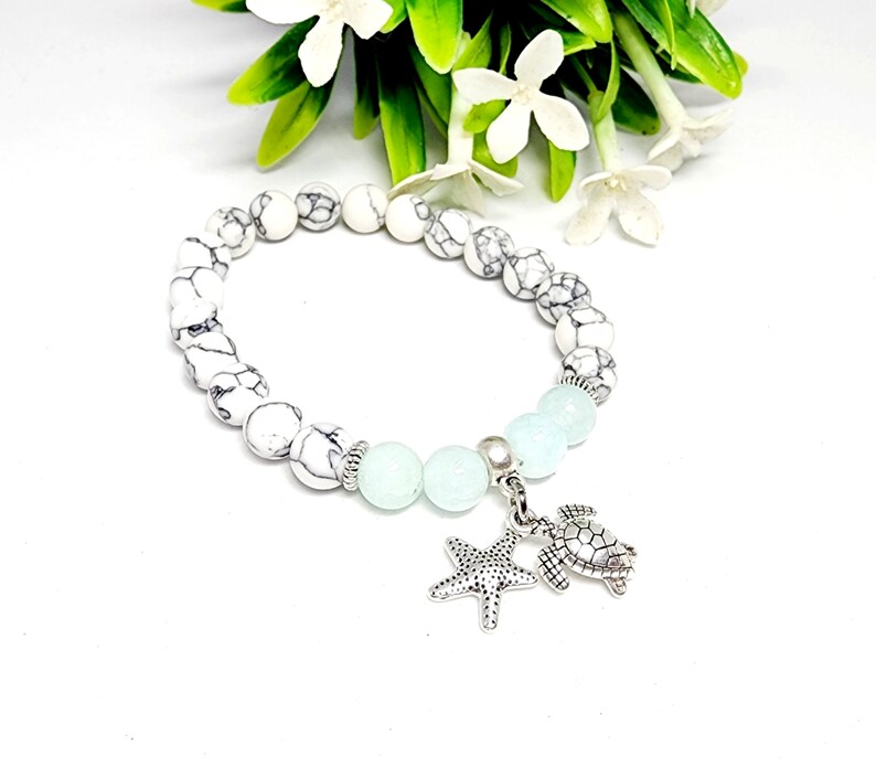 Blue Quartz and Howlite Turtle Starfish Charm Bracelet image 1