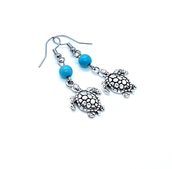Silver Turtle Dangle Turquoise Bead Earrings