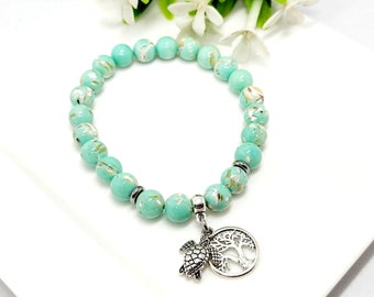 Tree of Life and Turtle Charm Bracelet / Green Shell Bead Bracelet / Boho Bracelet /Stretch Bracelet
