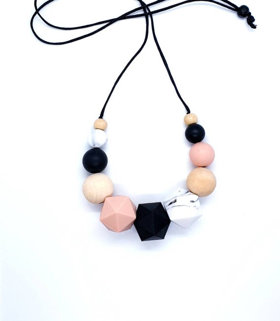 Mix Media Necklace / Black Peach Necklace / Silicone and Wood Bead Necklace