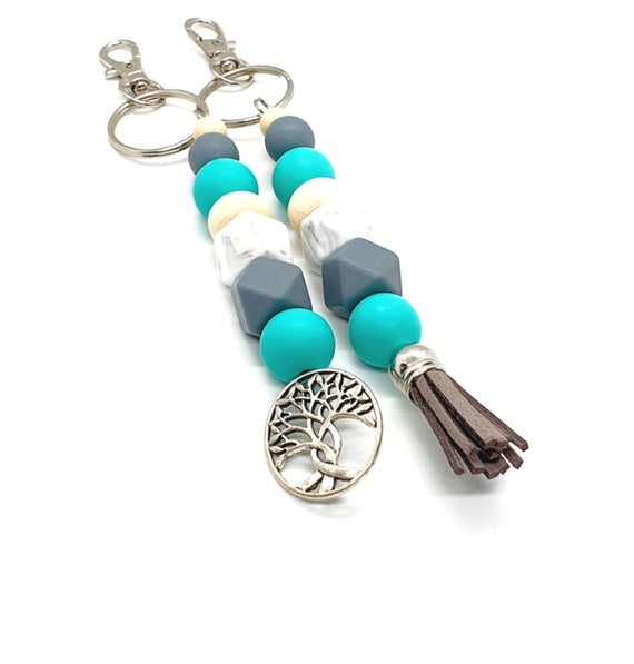 Turquoise Keychain / Silicone Key Ring / Beaded Keychain / Tree of Life / Tassel Keychain
