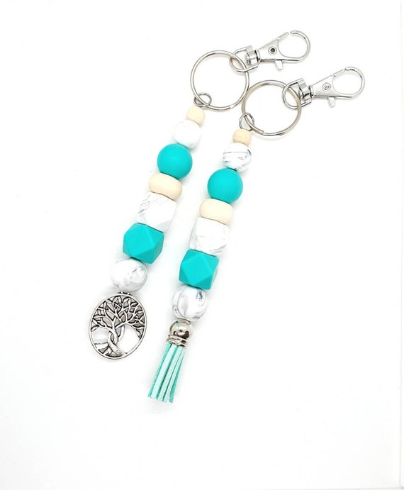Turquoise and White Keychain / Tree of Life / Tassel Keychain