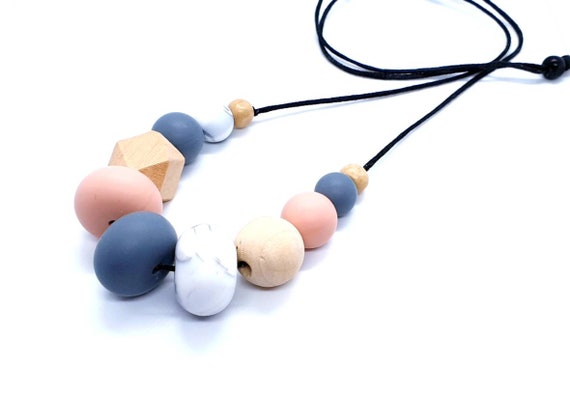 Silicone Wood Bead Necklace / Mix Media Necklace