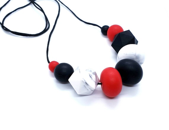 Black, Red and Marble Silicone Necklace // Statement Necklace