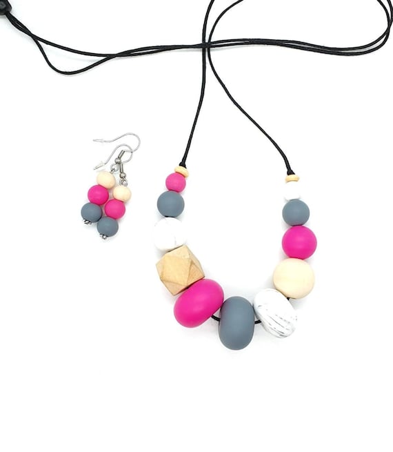 Pink Silicone Necklace / Necklace and Earring / Statement Necklace