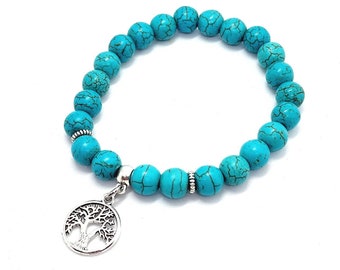 Tree of Life Bracelet, Turquoise Howlite, Beaded Bracelet, Family Tree, Stretch Bracelet