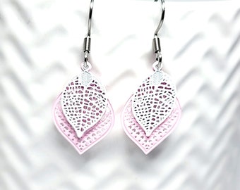 Pink and White Filigree Earrings, Small Dangle Earrings, Filigree Earrings
