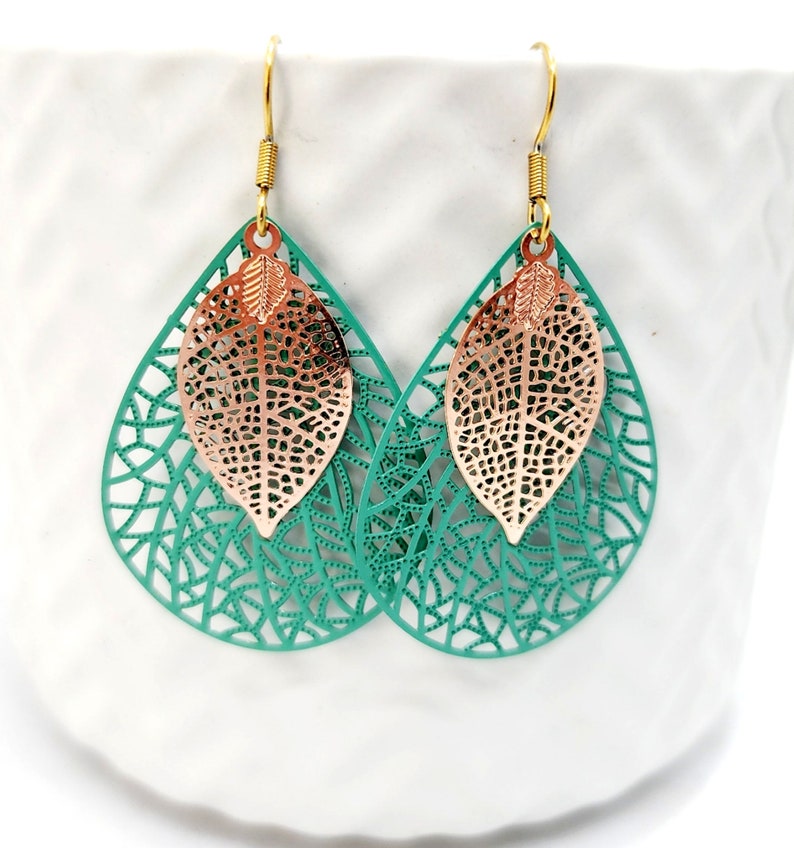 Green and Gold Teardrop Filigree Earrings, Big Earrings image 1