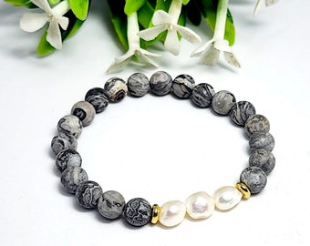 Picasso Jasper Freshwater Pearl Bracelet, Stone Bead Bracelet, Gemstone Bracelet