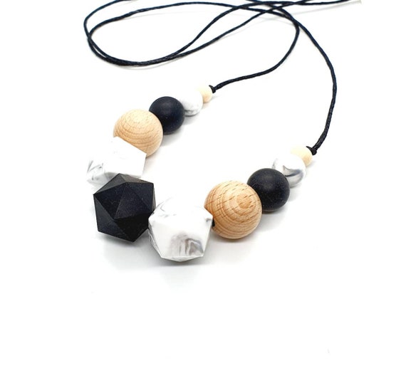 Black White Silicone Bead Necklace / Silicone Wood Bead Necklace