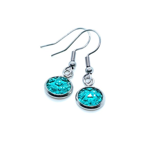 Turquoise Sparkly Drop Earrings / Blue Druzy Earrings