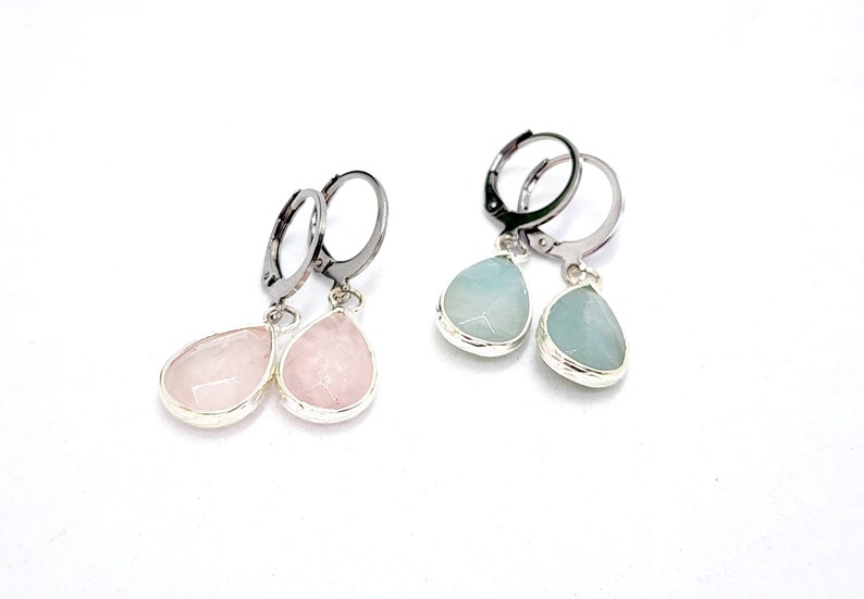 Rose Quartz Earrings, Blue Amazonite, Teardrop Gemstone Earrings image 7