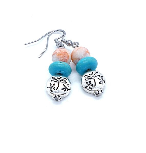 Red Jasper and Turquoise Dragonfly Earrings / Gemstone Earrings