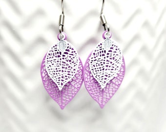 Filigree Earrings, Purple and White Teardrop Filigree Earrings, Boho Earrings