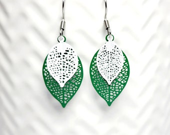 Filigree Earrings, Green and White Teardrop Filigree Earrings, Boho Earrings