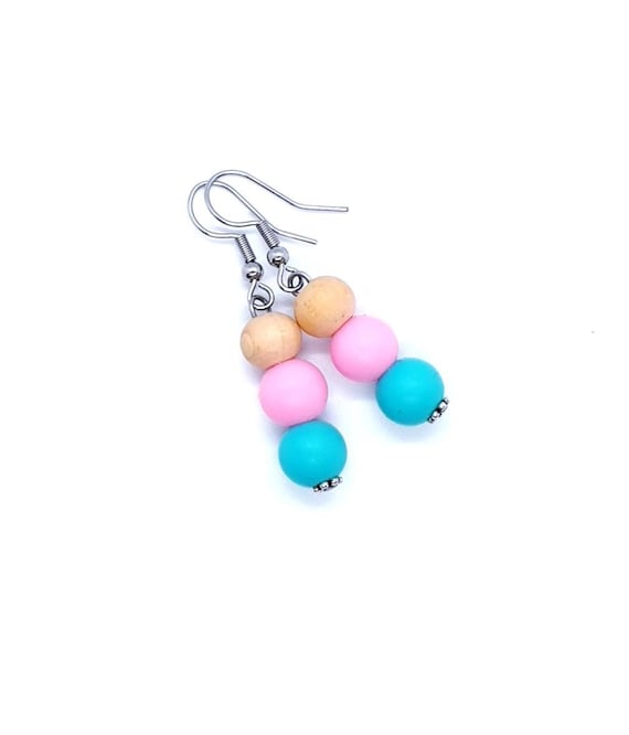 Pink Turquoise Wood Bead Earrings / Drop Earrings
