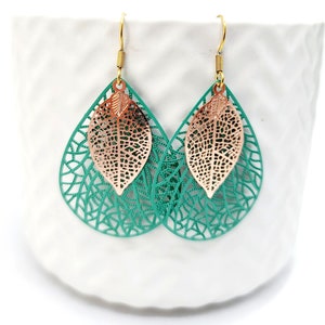 Green and Gold Teardrop Filigree Earrings, Big Earrings image 7