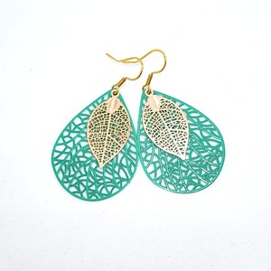 Green and Gold Teardrop Filigree Earrings, Big Earrings image 6