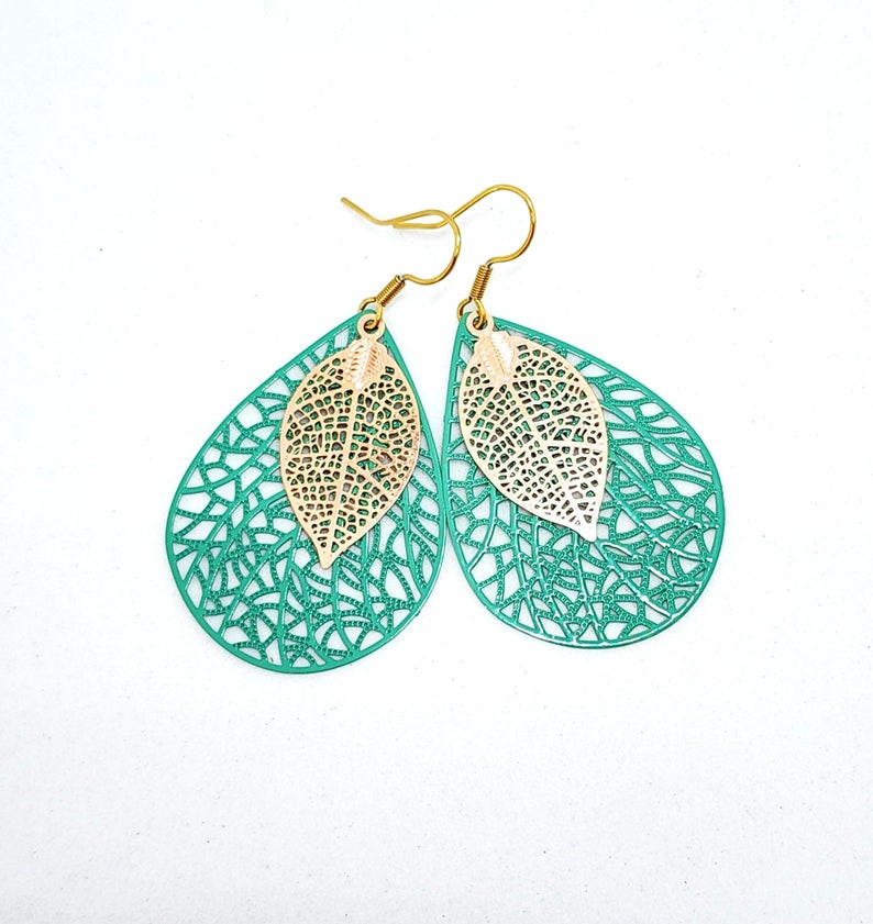 Green and Gold Teardrop Filigree Earrings, Big Earrings image 6