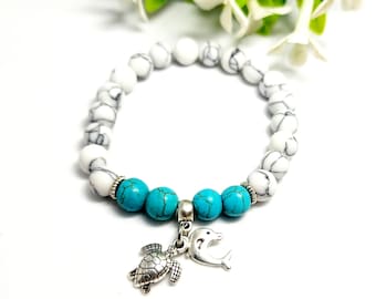 Turtle & Dolphin Charm Bracelet, Turquoise Howlite Bracelet, Animal Charms