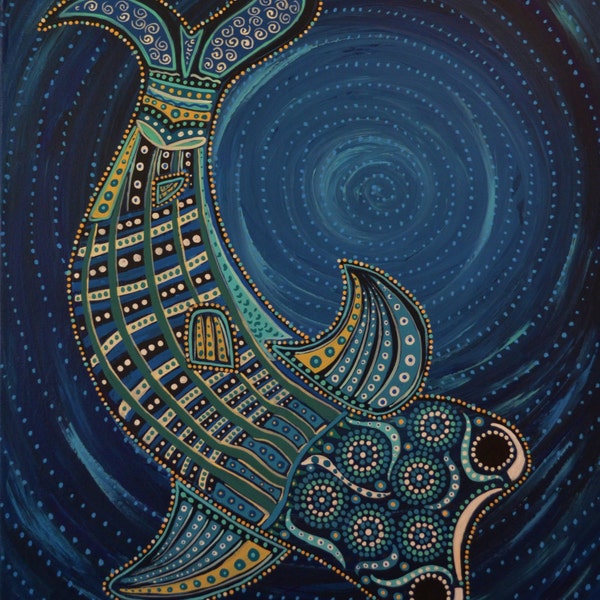 Whale painting original art  folk art-beach theme- beach art-whaleshark surreal funky cool whale art-sea life painting - visual artwork