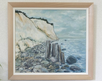 Peinture à l'huile "Am Tromper Wiek", falaises de craie du Cap Arkona, peinture avec cadre en bois véritable