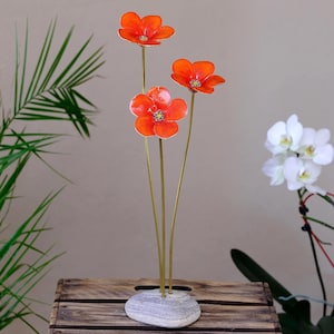 3 red ceramic flowers, handmade blossoms, flower sculpture with optional natural stone base, flower stick,