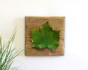 Mural, wood, ceramic, autumn leaves, foliage on old wood panel, maple, green