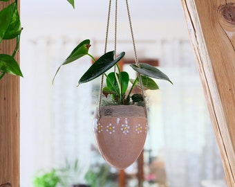 Hanging basket, vase, hanging bowl, ceramic with floral decoration