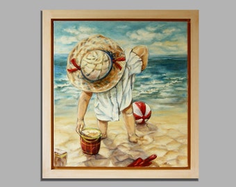 Dipinto ad olio "Bambino che gioca sulla spiaggia I"