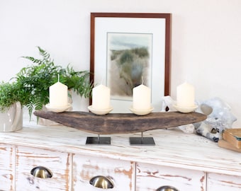 Bougeoir maritime, cadeau de mariage, bougeoir en forme de bateau, bois flotté, chêne, céramique, avec 4 coupelles, fait main