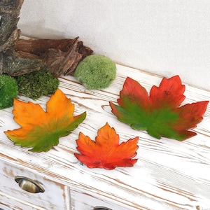 Pode incluir: Três bandejas decorativas em forma de folha nas cores outonais laranja, vermelho e verde. As bandejas estão dispostas sobre uma superfície de madeira branca com uma aparência rústica e desgastada. As bandejas são provavelmente decorativas.