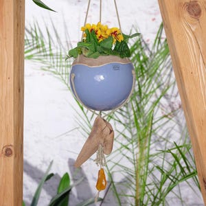 Hangende bloemenmand, hangschaal van keramiek, hangmand met drijfhout en Baltische barnsteen