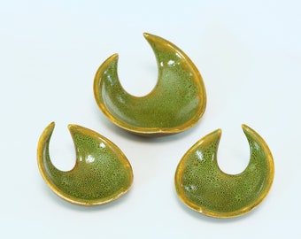 Ceramic bowl, green glazed, triangular, handmade
