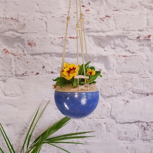Hanging basket, ceramic hanging bowl, hanging basket with driftwood elements, blue