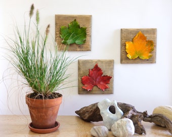 Ceramic leaf, autumn leaves, leaf on reclaimed wood panel, maple, red