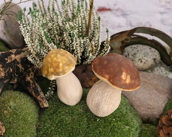 Champignon, cèpes en céramique, fait main, figure, prise de plante, sculpture, Décoration en céramique