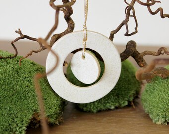 Christbaumschmuck, Weihnachtsdeko, Keramik, doppelter Kreis, weißer Baumschmuck