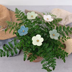 Ceramic flowers, various green shades, handmade blossoms, pastel-colored flower sticks