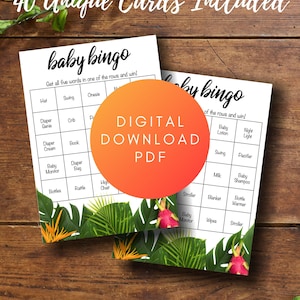 40 Unique Printable Tropical Baby Shower Bingo Cards Plus Pre-filled & Blank Bingo Cards | Tropical Floral Palm Theme | PDF Instant Download