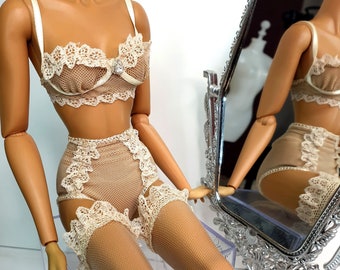 16" Fashion Royalty OOAK beige lingerie: bra, high waist bikini and stockings with lace decoration.