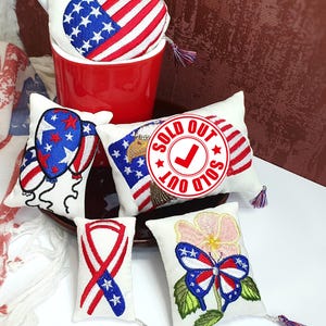 Patriotic Mini Pillow, USA Flag Butterfly Embroidery, Tiered Tray Decor