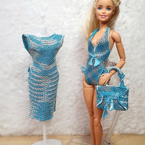 Handgefertigte 14 "BJD Outfit Set Bestickter Blauer Neckholder-Badeanzug, Geldbörse & Kleid 1/6 Größe Modepuppenkleidung