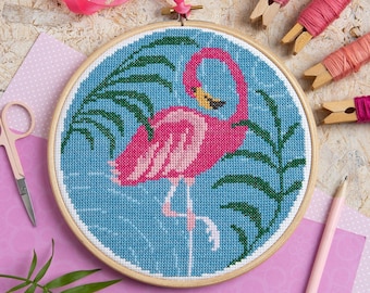 Flamingo Bird Cross Stitch Kit : DIY Craft Set for Beginners with DMC Threads